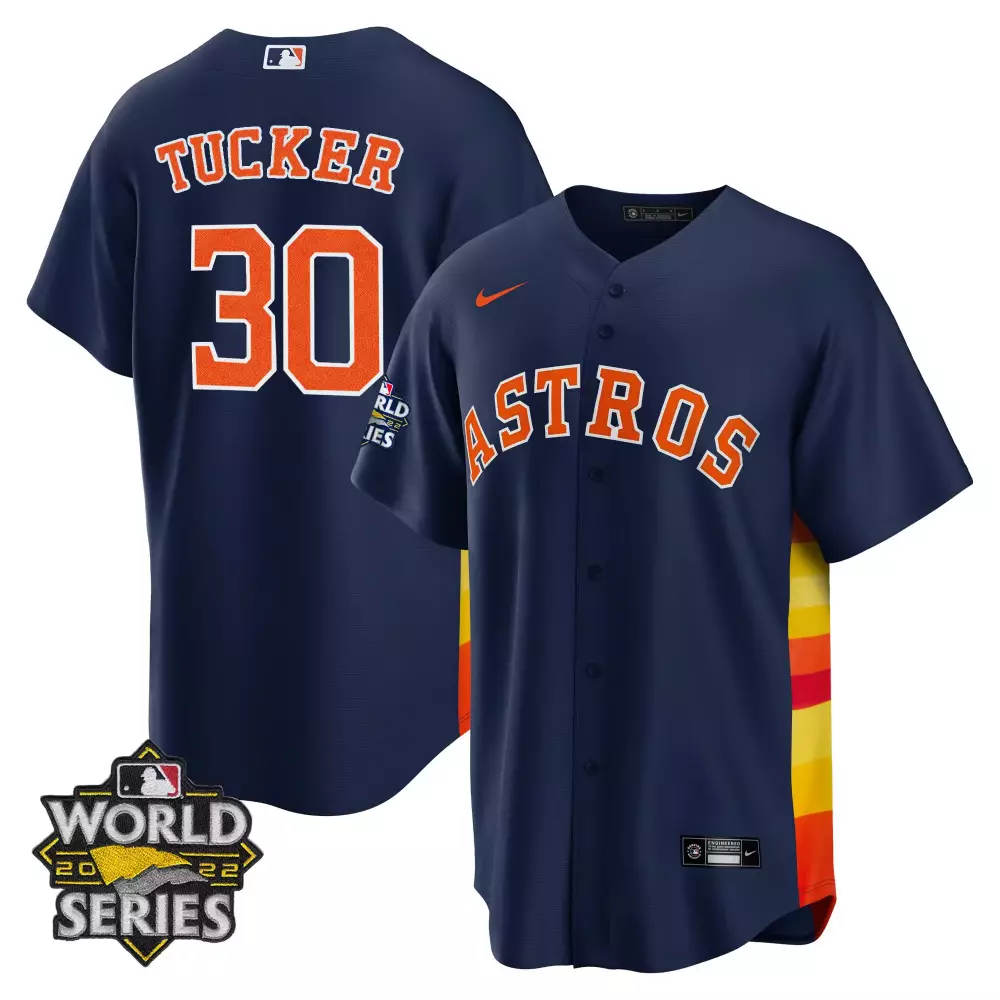 Kyle Tucker 30 Astros Jersey Navy World Series 2022 Men Orange Yellow Red All Stitched