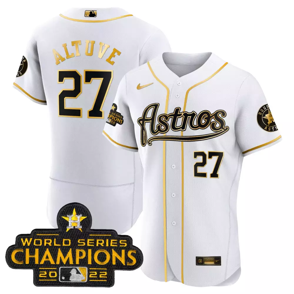 Jose Altuve 27 Astros Jersey White World Series Champions 2022 Men Gold Black All