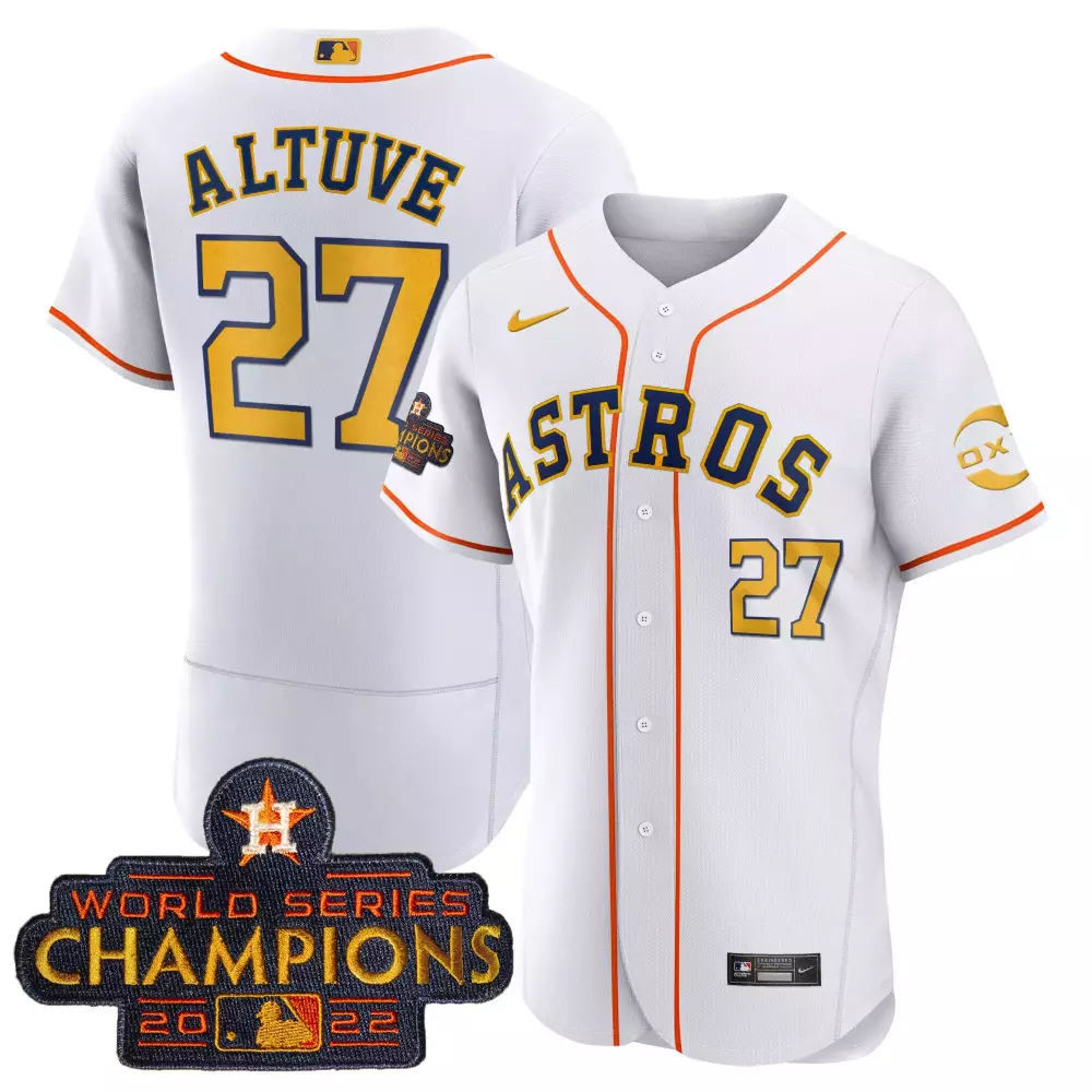 Jose Altuve 27 Astros Jersey White 2022 World Series Champions Men Navy Orange All