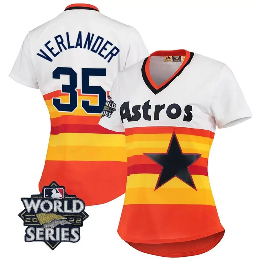 Justin Verlander 35 Astros Jersey White World Series 2022 Women Alternate Split Design