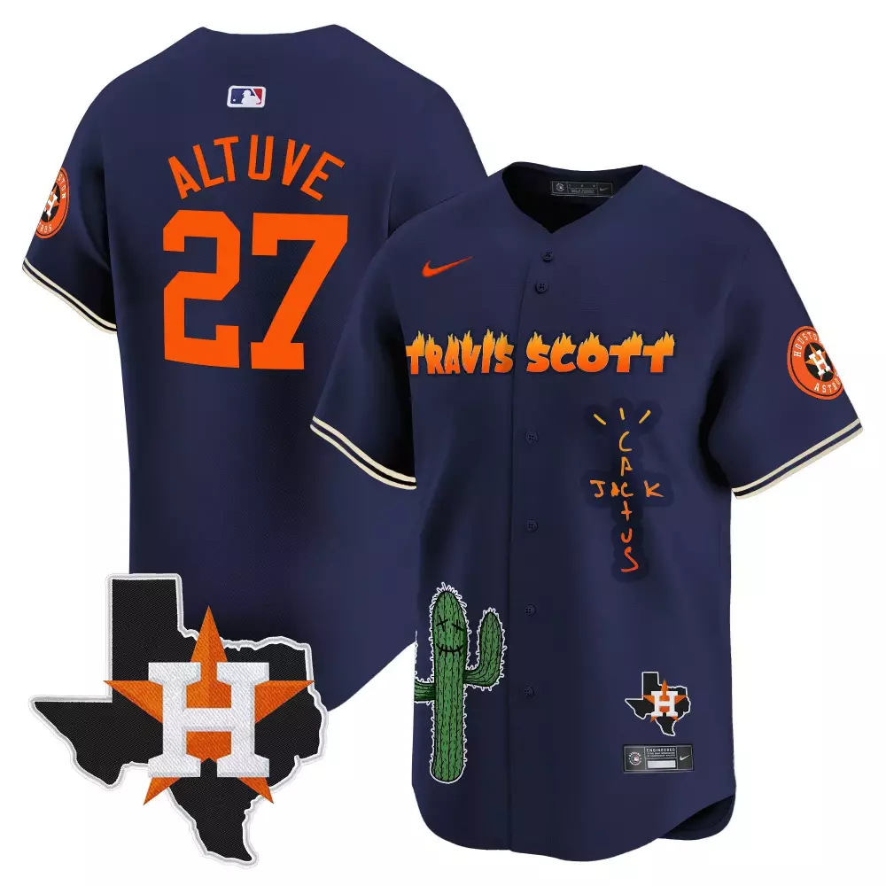 Jose Altuve 27 Houston Astros Jersey Navy Blue Travis Scott Texas Shape Men Orange