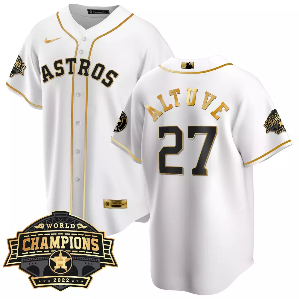 Jose Altuve 27 Astros Jersey White 2022 World Series Champions Men Gold Black All