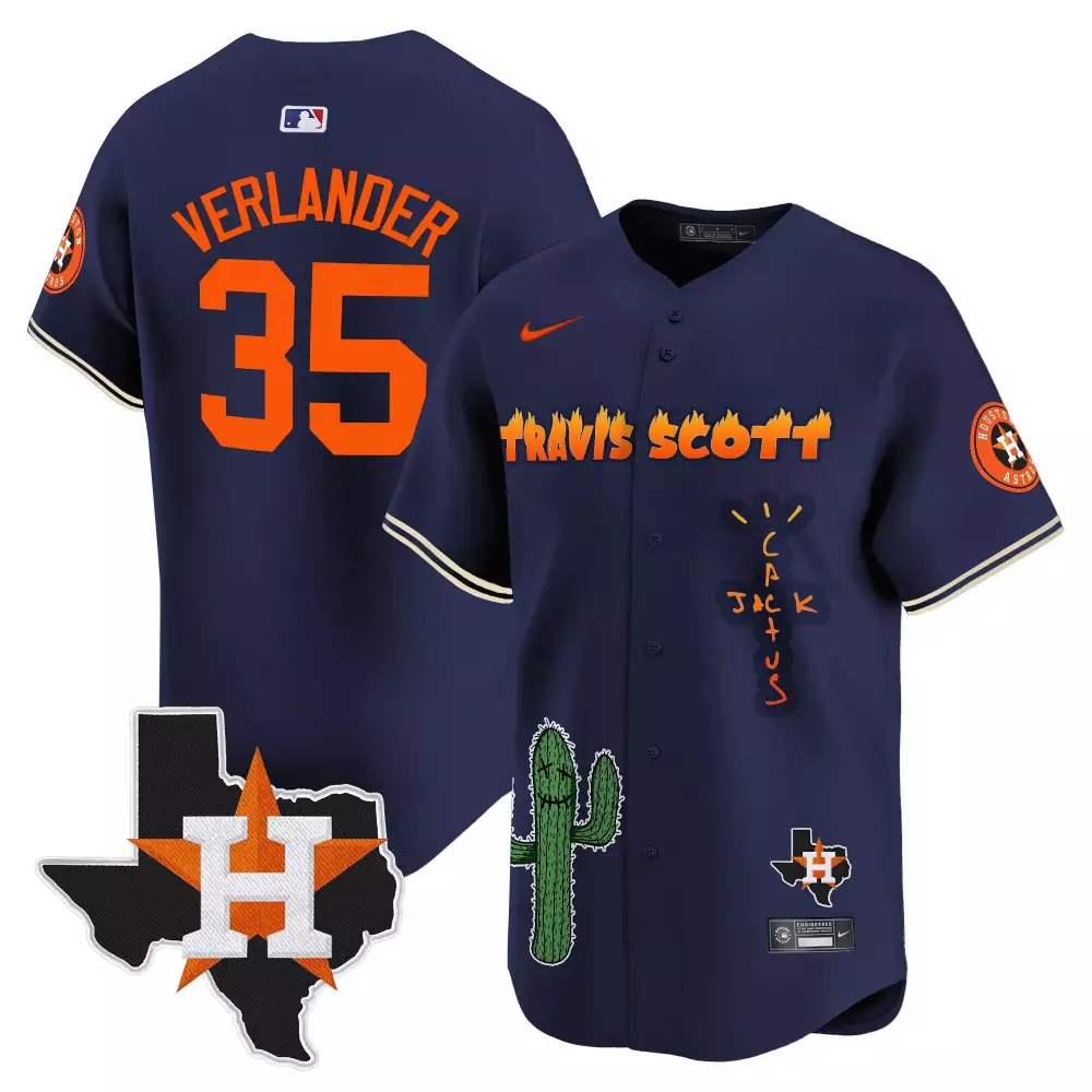 Justin Verlander 35 Jersey Navy Blue Cactus Jack Houston Astros Texas Shape 'h' Men