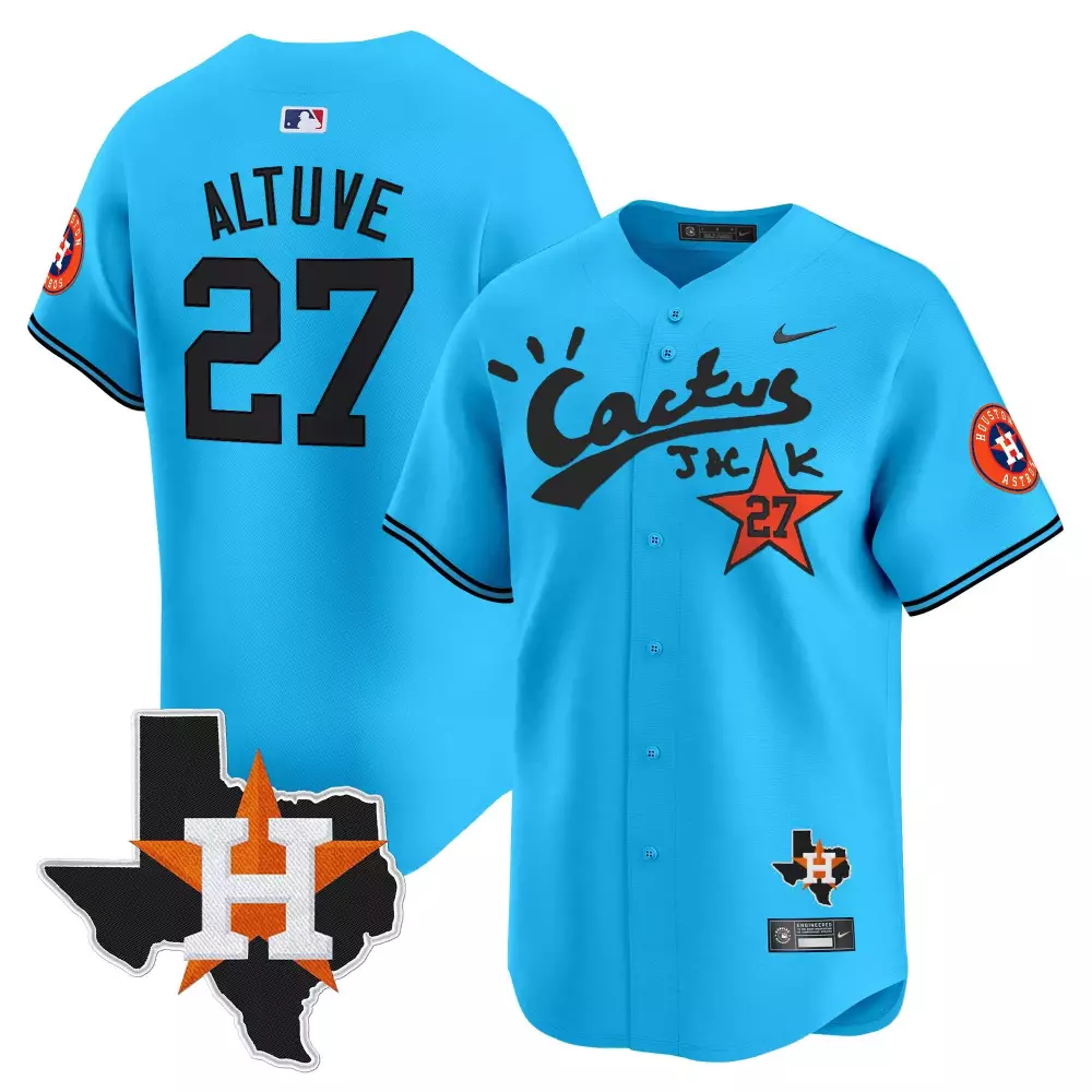 Jose Altuve 27 Houston Astros Jersey Light Blue Cactus Jack Texas Map Men Black Orange