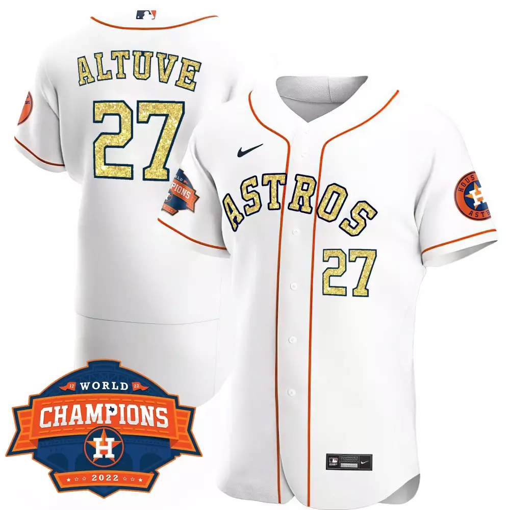 Jose Altuve 27 Astros Jersey White World Series Champions 2022 Men Orange Gold Flex