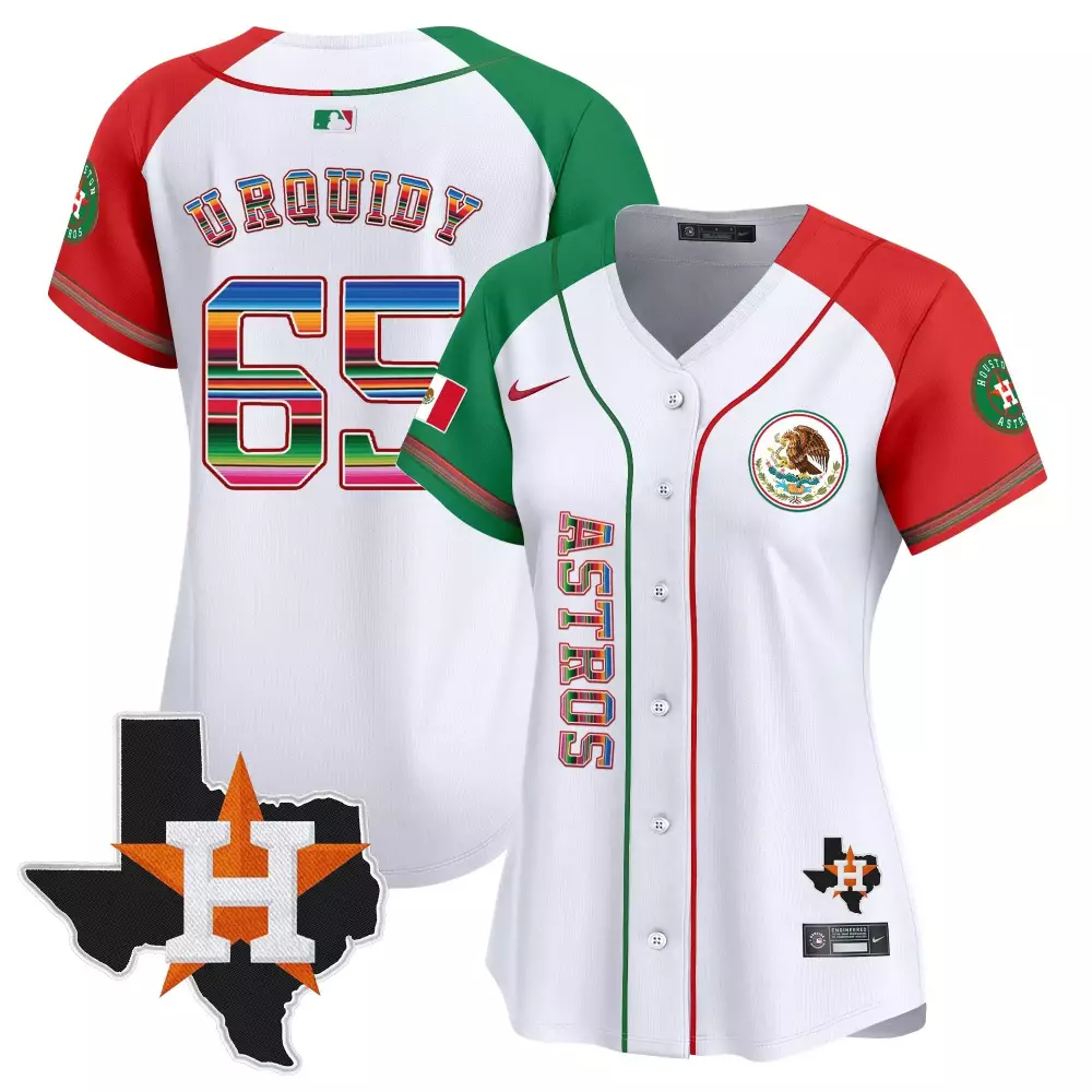 Jose Urquidy 65 Astros Jersey White Mexican Heritage Houston Texas Shape Flag Women