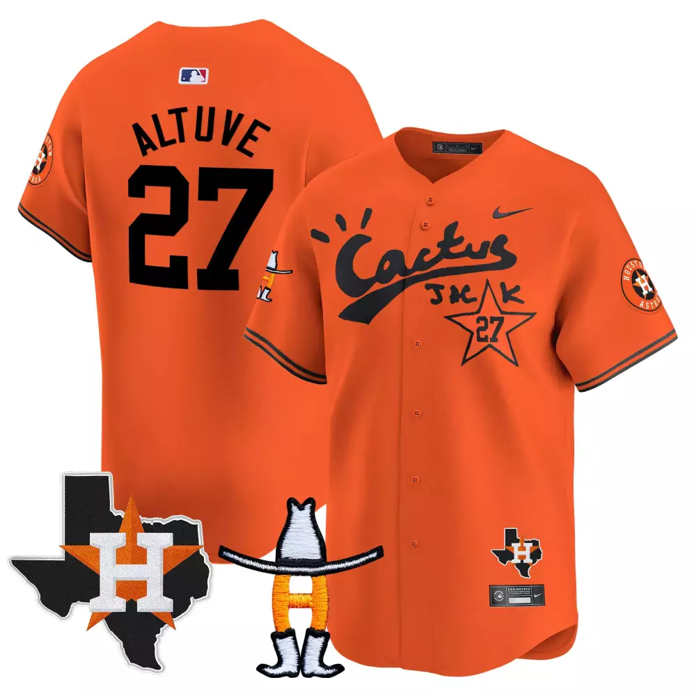 Jose Altuve 27 Houston Astros Jersey Orange Cactus Jack Texas Map Hats Boots Men