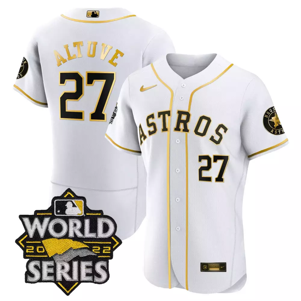 Jose Altuve 27 Astros Jersey White World Series 2022 Men Gold Black All Stitched