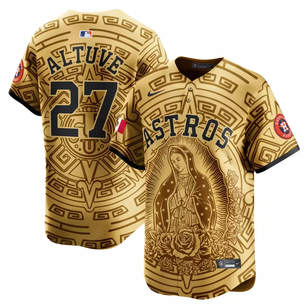 Jose Altuve 27 Astros Jersey Gold Cinco De Mayo Mexico Flag Men Custom Design Brown