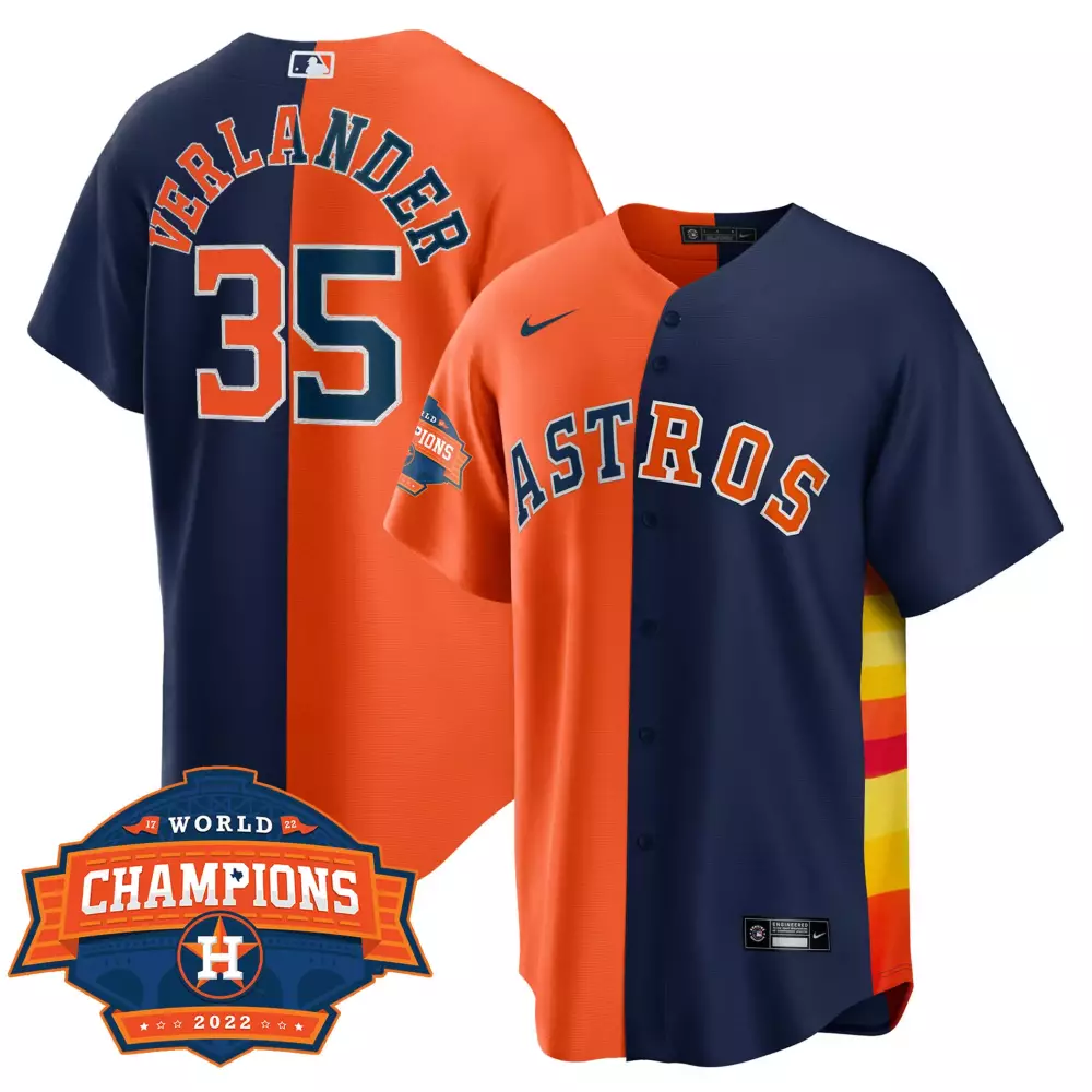 Justin Verlander 35 Astros Jersey Orange World Champions 2022 Men Split Design Navy