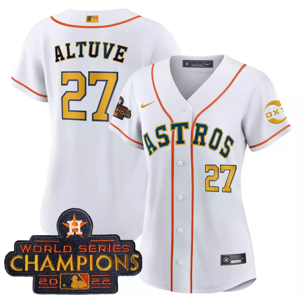 Jose Altuve 27 Astros Jersey White World Series Champions 2022 Men Orange Teal Yellow