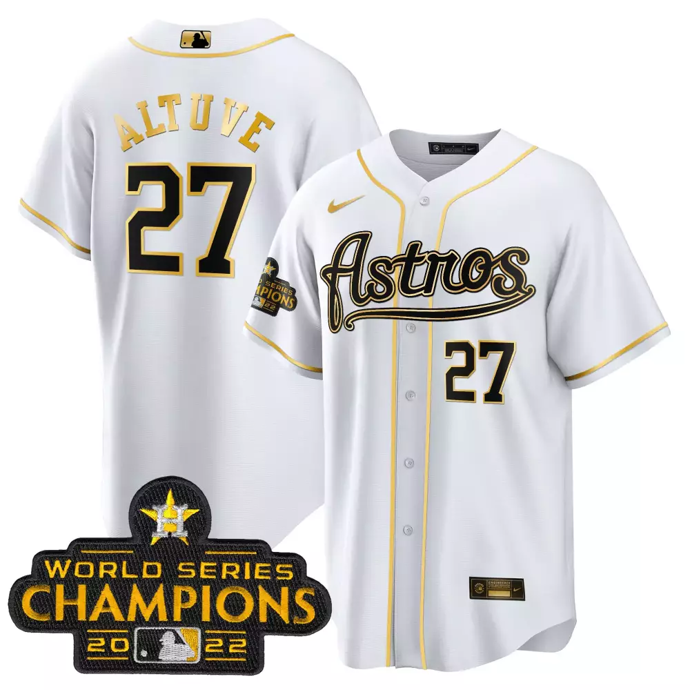 Jose Altuve 27 Astros Jersey White World Series Champions 2022 Men Gold Black Cool