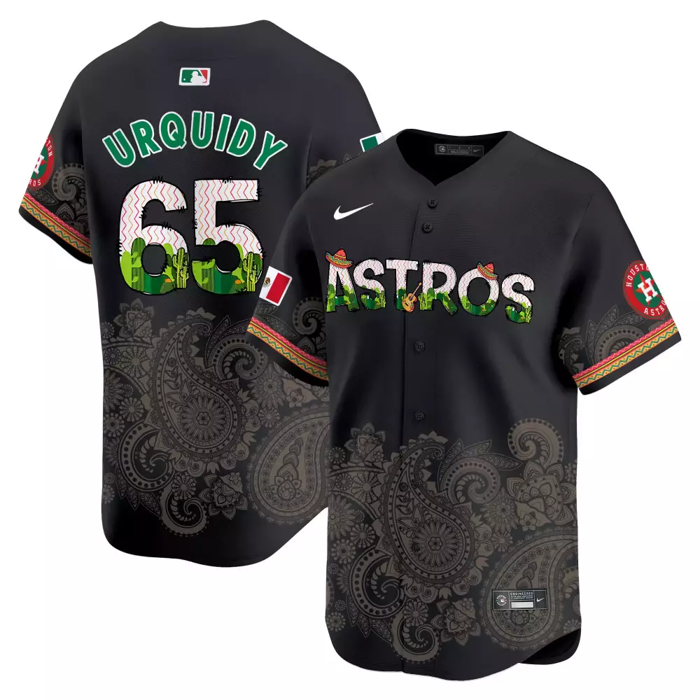 Jose Urquidy 65 Astros Jersey Black Mexico Flag Houston Men Custom Design Green White