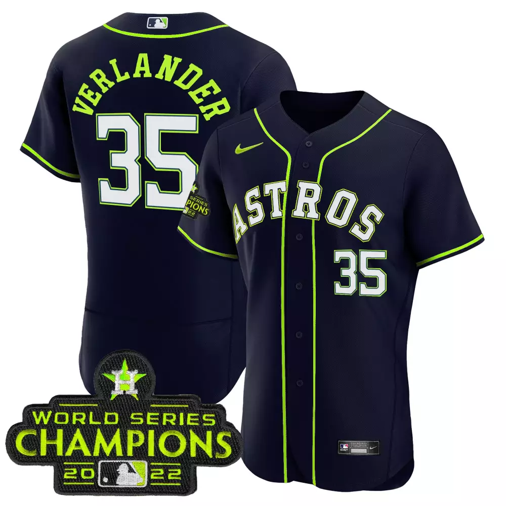 Justin Verlander 35 Astros Jersey Navy World Series Champions 2022 Men Neon Green