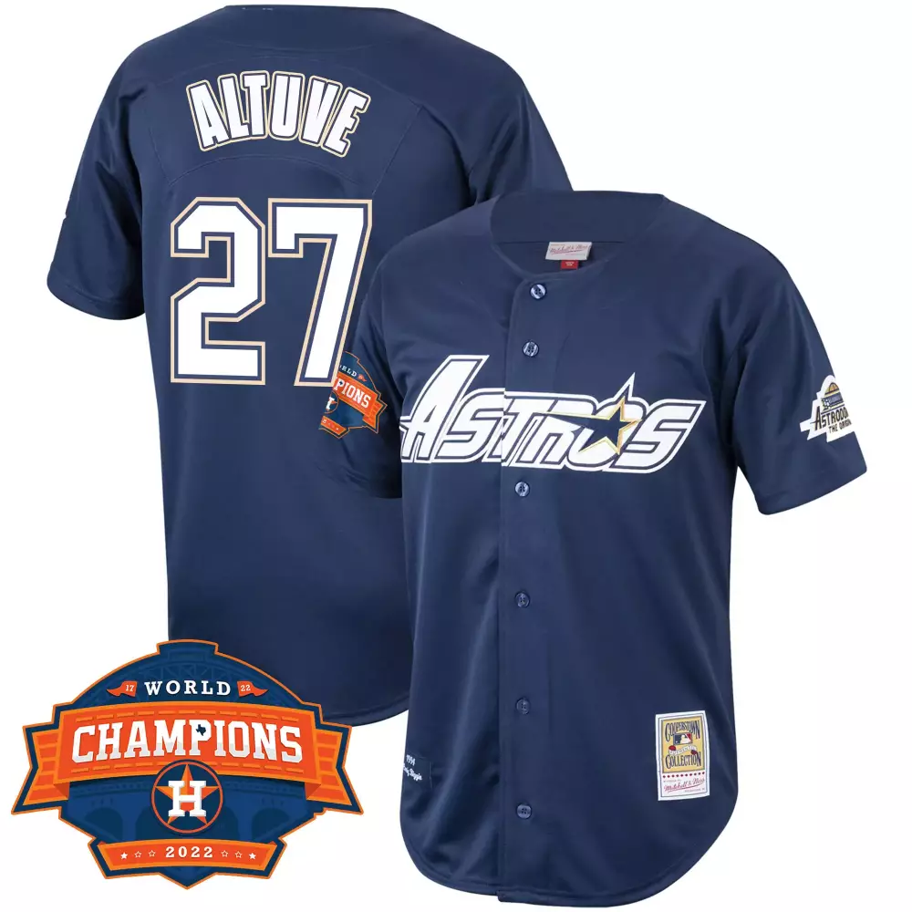 Jose Altuve 27 Astros Jersey Navy World Champions 2022 Men Orange White All Stitched