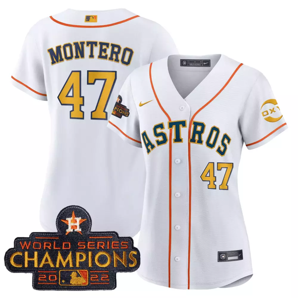 Rafael Montero 47 Astros Jersey White 2022 World Series Champions Men Orange Navy