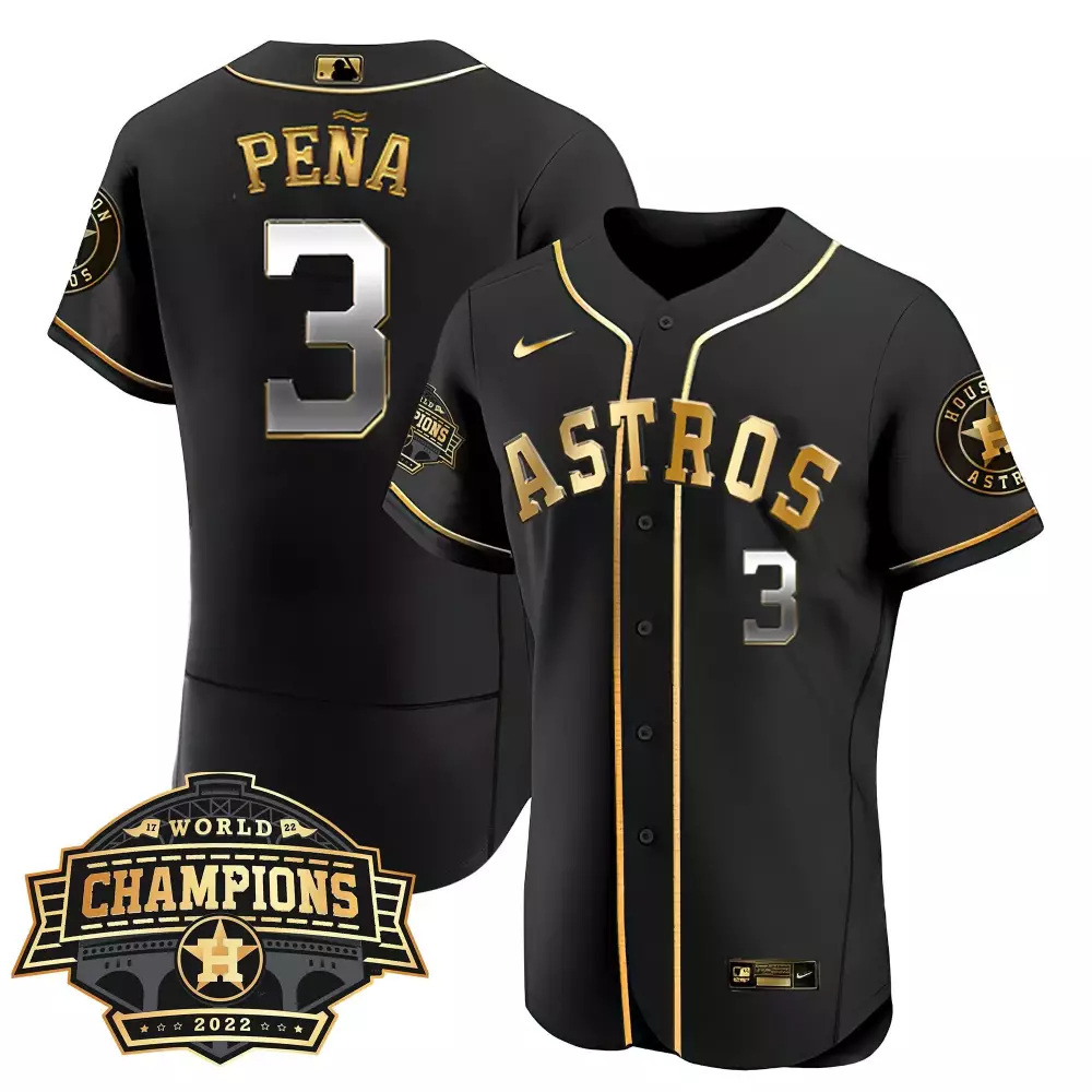 Jeremy Pena 3 Astros Jersey Black World Series Champions 2022 Men Gold Flex Limited
