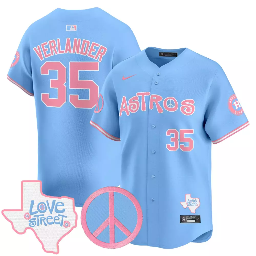 Verlander Love 35 Astros Jersey Light Blue Street Texas Peace Sign 2023 Men Alternate