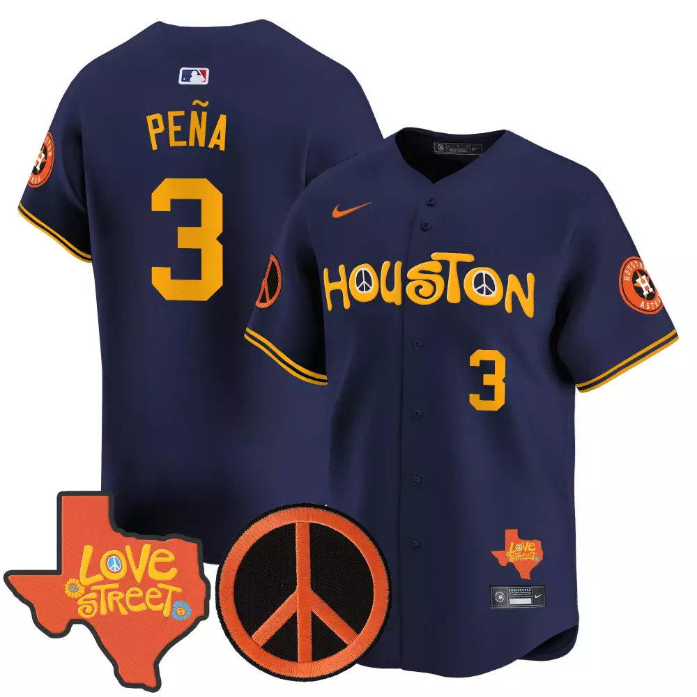 Jeremy Pena 3 Houston Astros Jersey Navy Blue Love Street Texas Peace Sign Men Yellow
