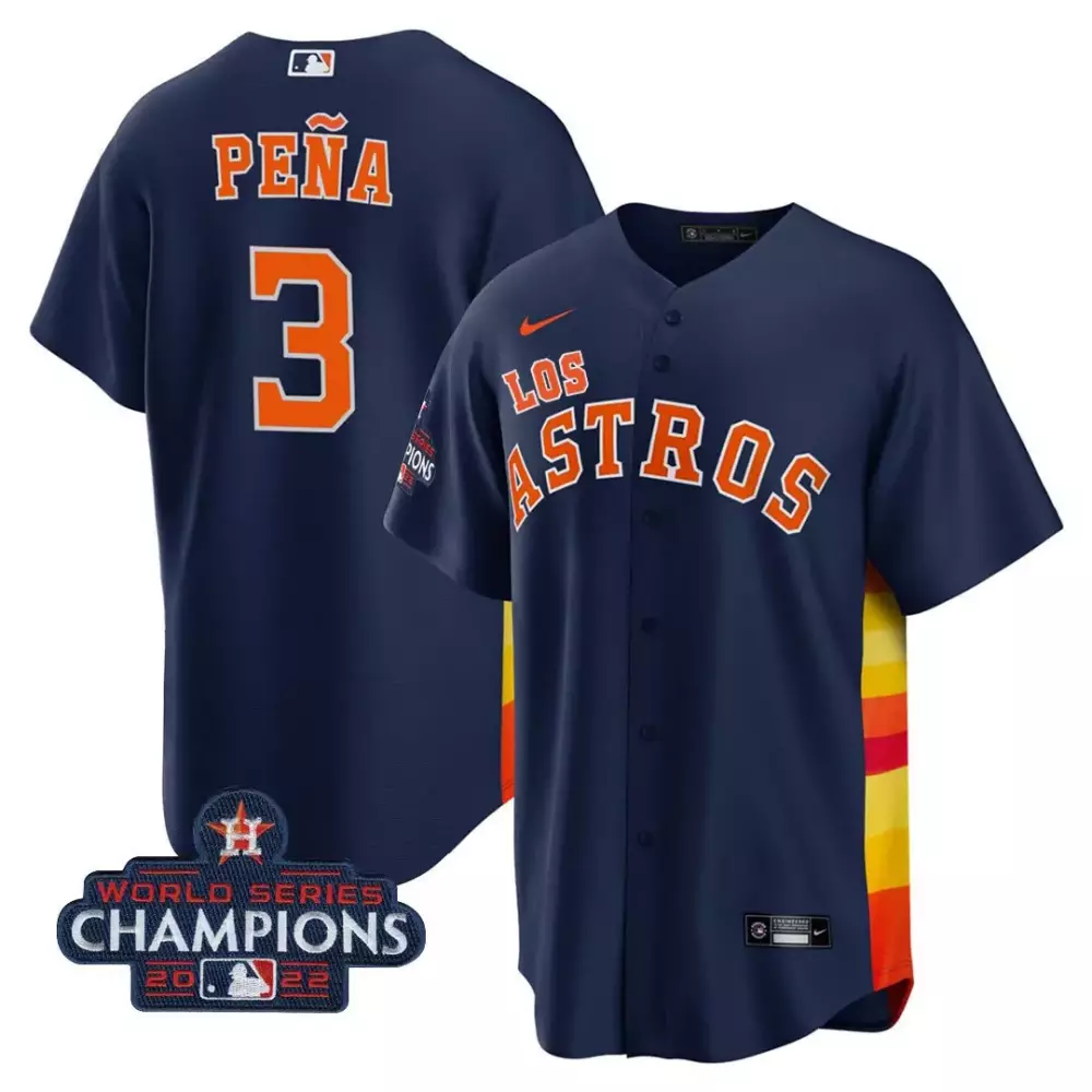 Jeremy Pena 3 Los Astros Jersey Navy 2022 World Series Champions Men Orange Yellow