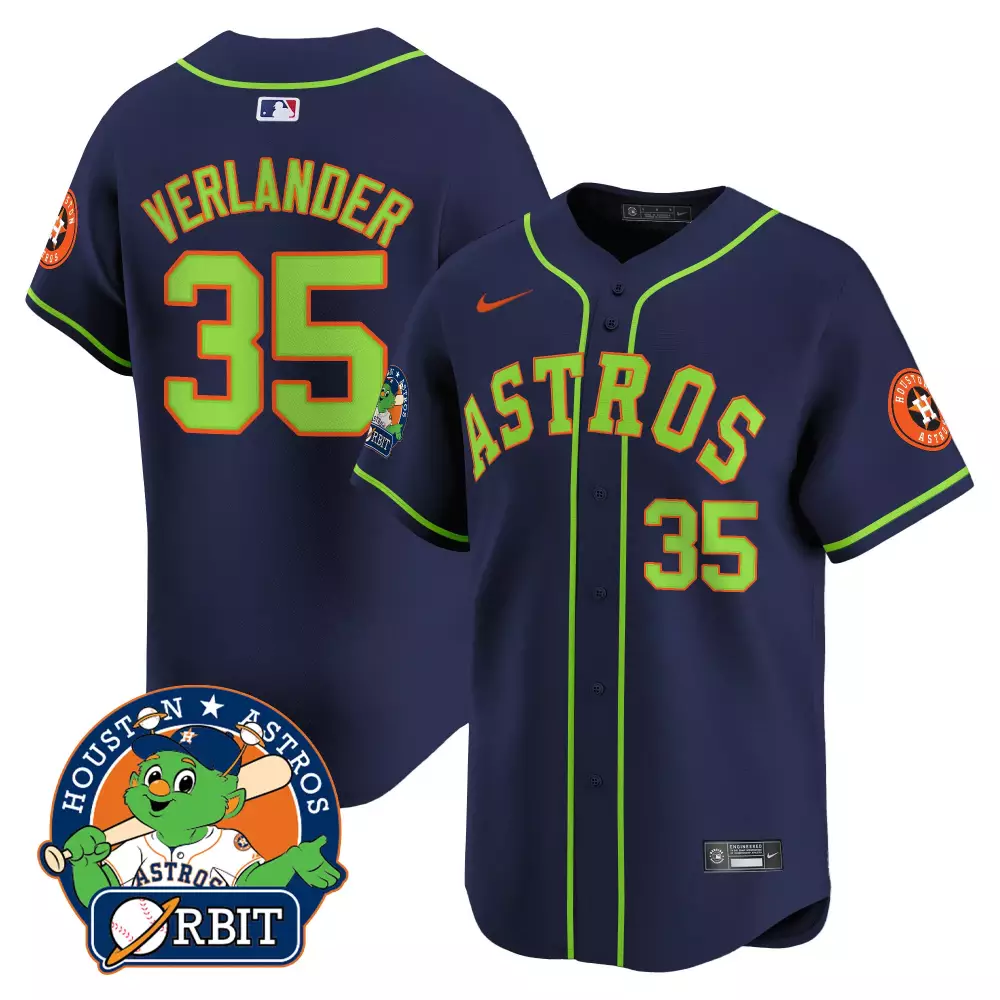 Justin Verlander 35 Astros Jersey Navy Orbit Mascot Men Lime Green Orange All Stitched