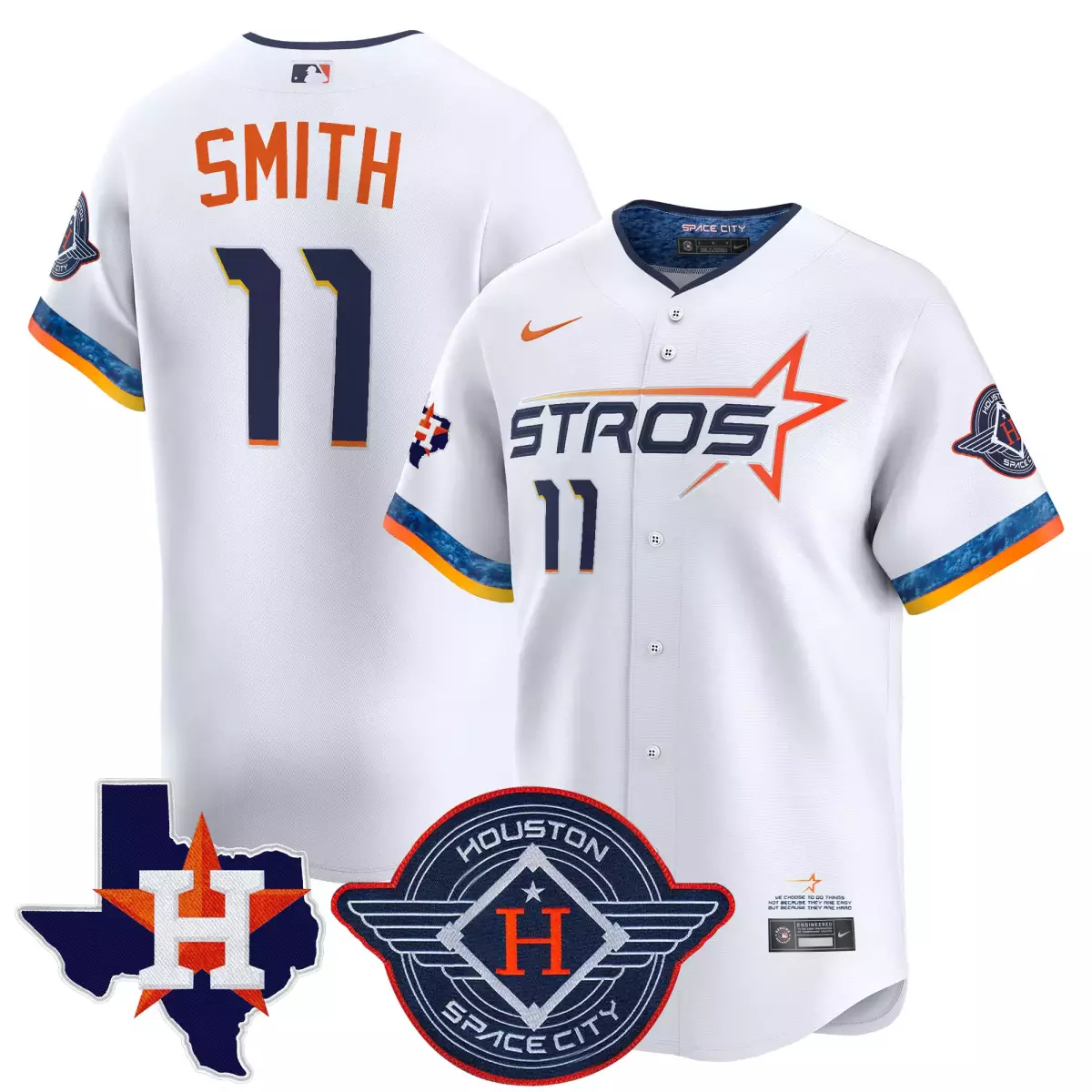 Smith 11 Houston Astros Jersey White Space City Texas State Outline Men Navy Orange