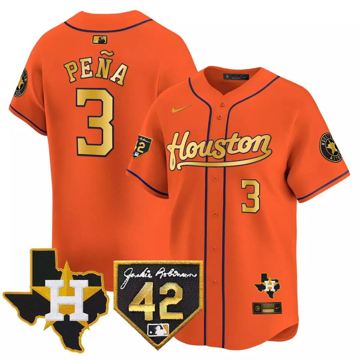 Peña 3 Houston Astros Jersey Orange Jackie Robinson 42 Texas Men Alternate Navy Blue