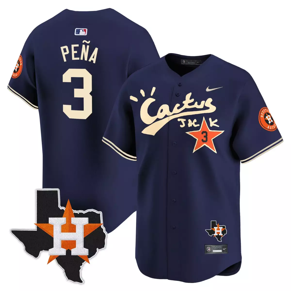 Jeremy Pena 3 Houston Astros Jersey Navy Cactus Jack Map Orange Star 2023 Men Cream