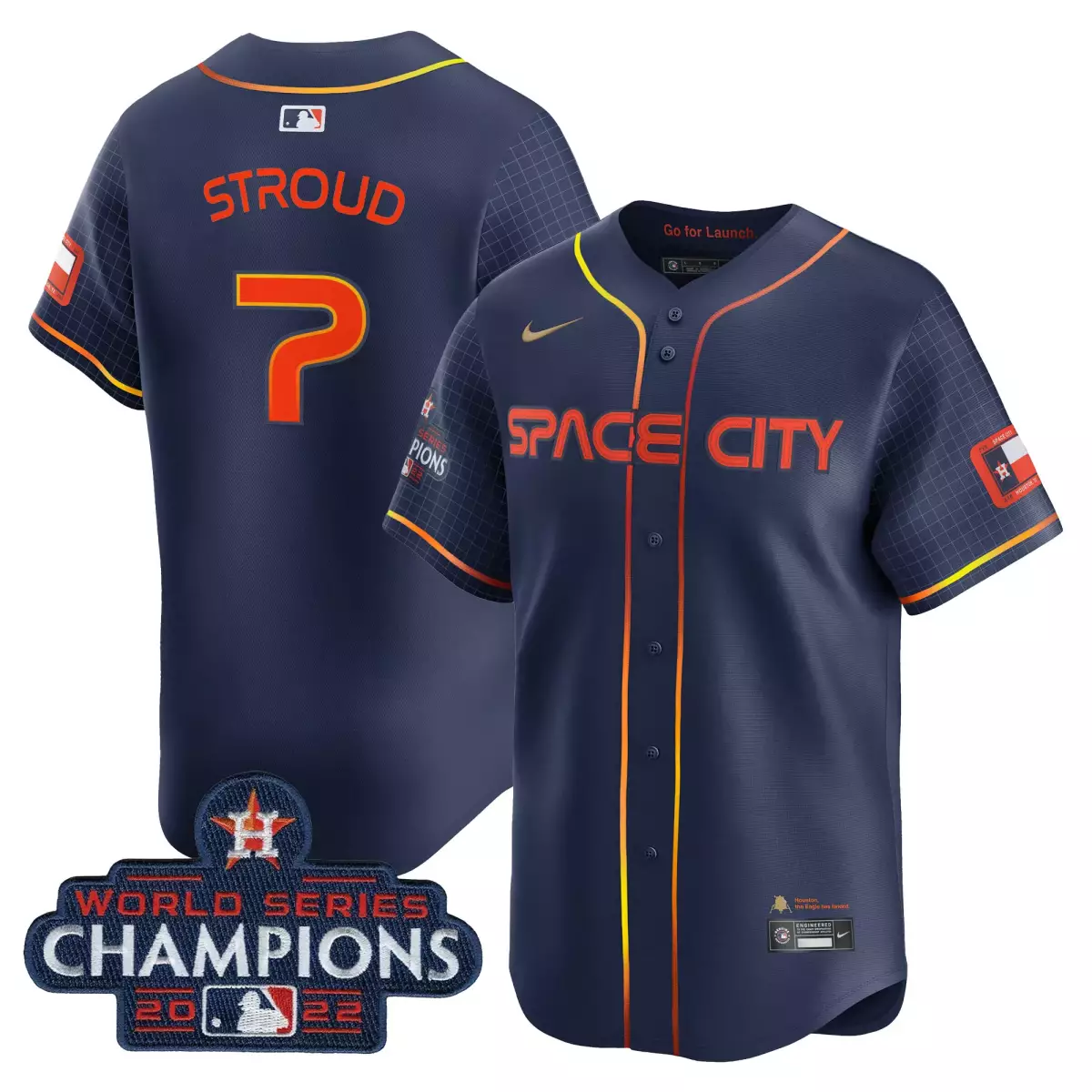 Stroud Space 7 Astros Jersey Navy City World Series Champions 2022 Men Orange Yellow