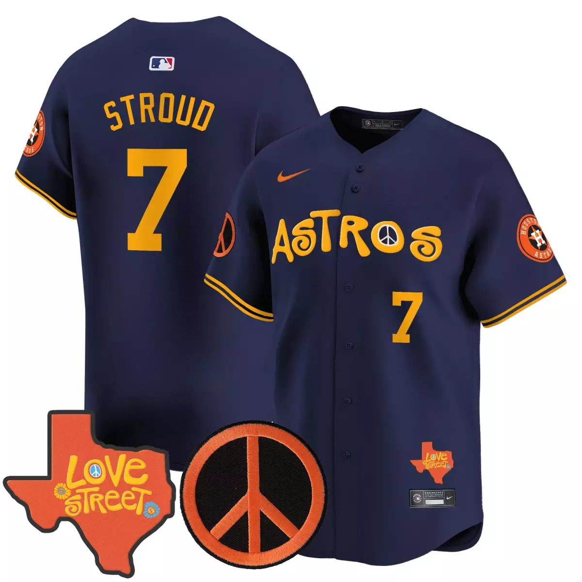 Stroud Love 7 Astros Jersey Navy Street Texas Peace Symbol 2023 Men Orange Yellow