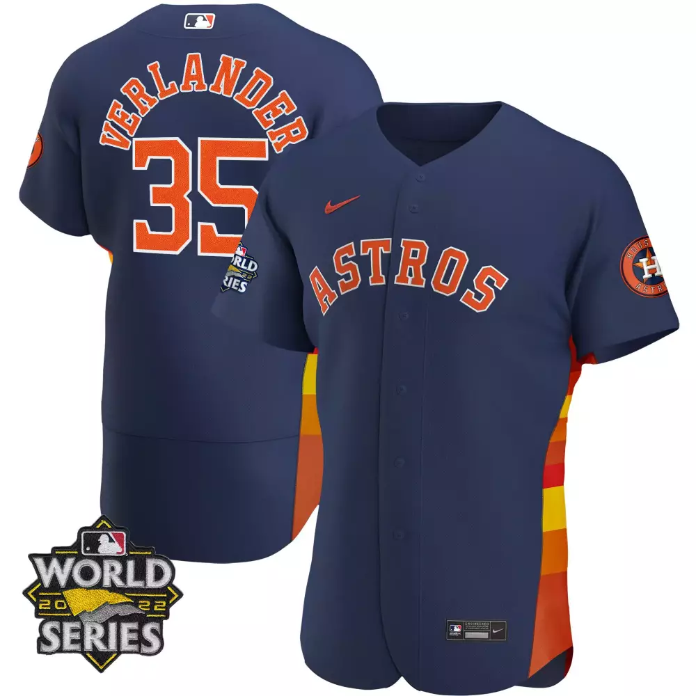 Justin Verlander 35 Astros Jersey Navy World Series 2022 Men Orange Yellow All Stitched