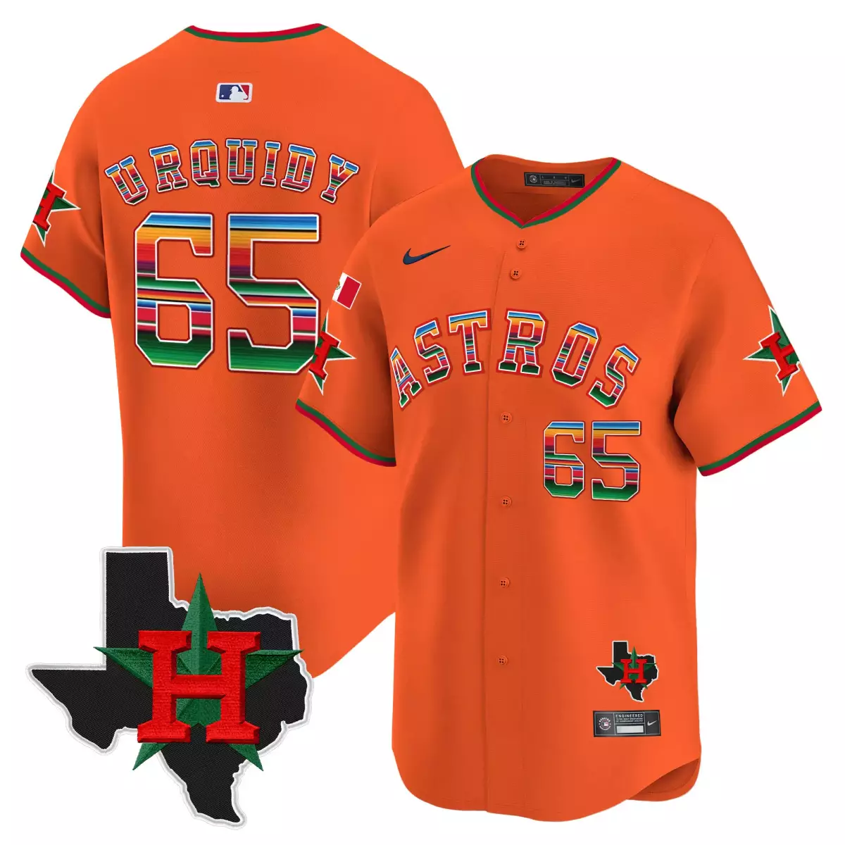 Urquidy Mexico 65 Astros Jersey Orange City Connect Flag Texas Star Men Button-up