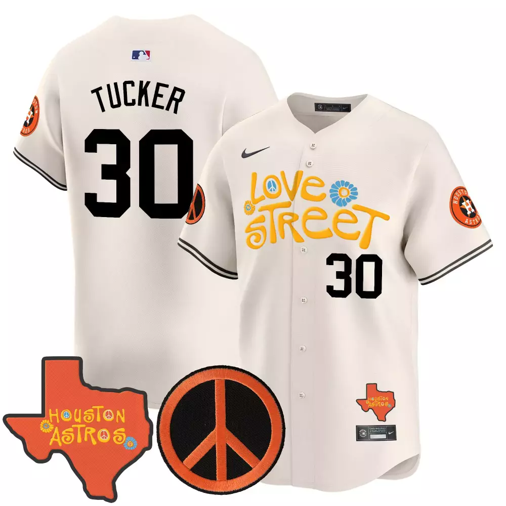 Kyle Tucker 30 Houston Astros Jersey White Love Street Texas Shape Peace Sign Men