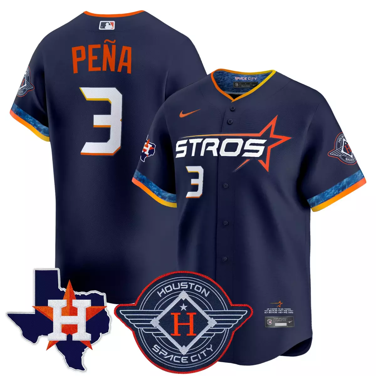 Jeremy Pena 3 Houston Astros Jersey Navy Space City Texas Men Orange White Yellow