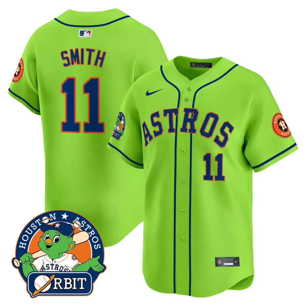 Cam Smith 11 Houston Astros Jersey Lime Green Orbit Mascot Men Navy Blue Vapor Premier