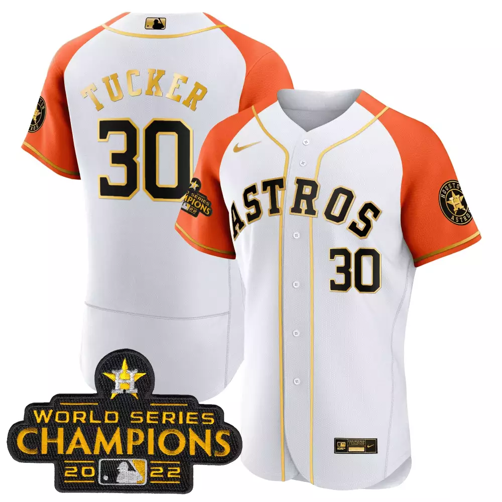 Kyle Tucker 30 Astros Jersey White World Series Champions 2022 Men Orange Gold All