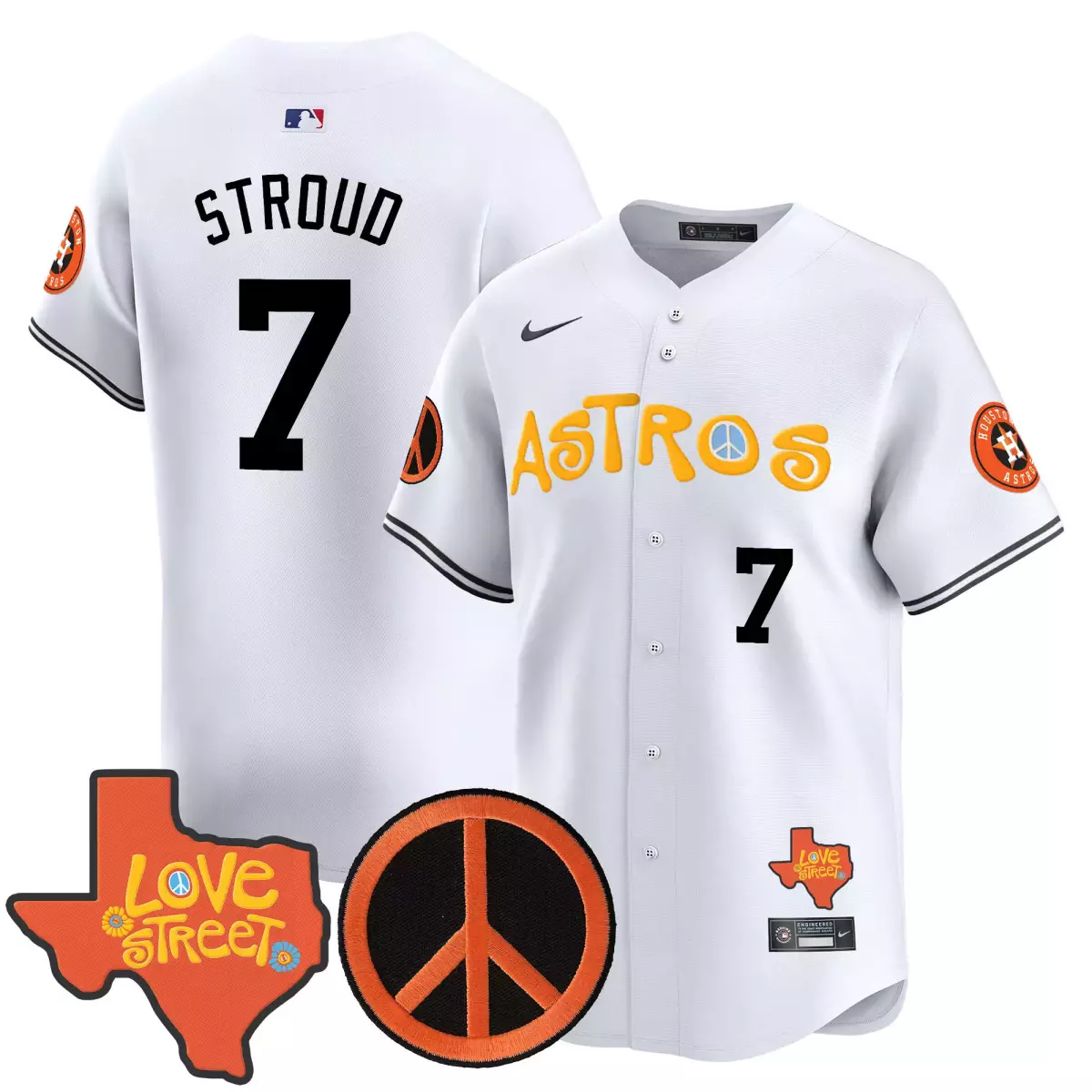 Stroud Love 7 Astros Jersey White Street Texas Peace Sign Men Yellow Orange Black