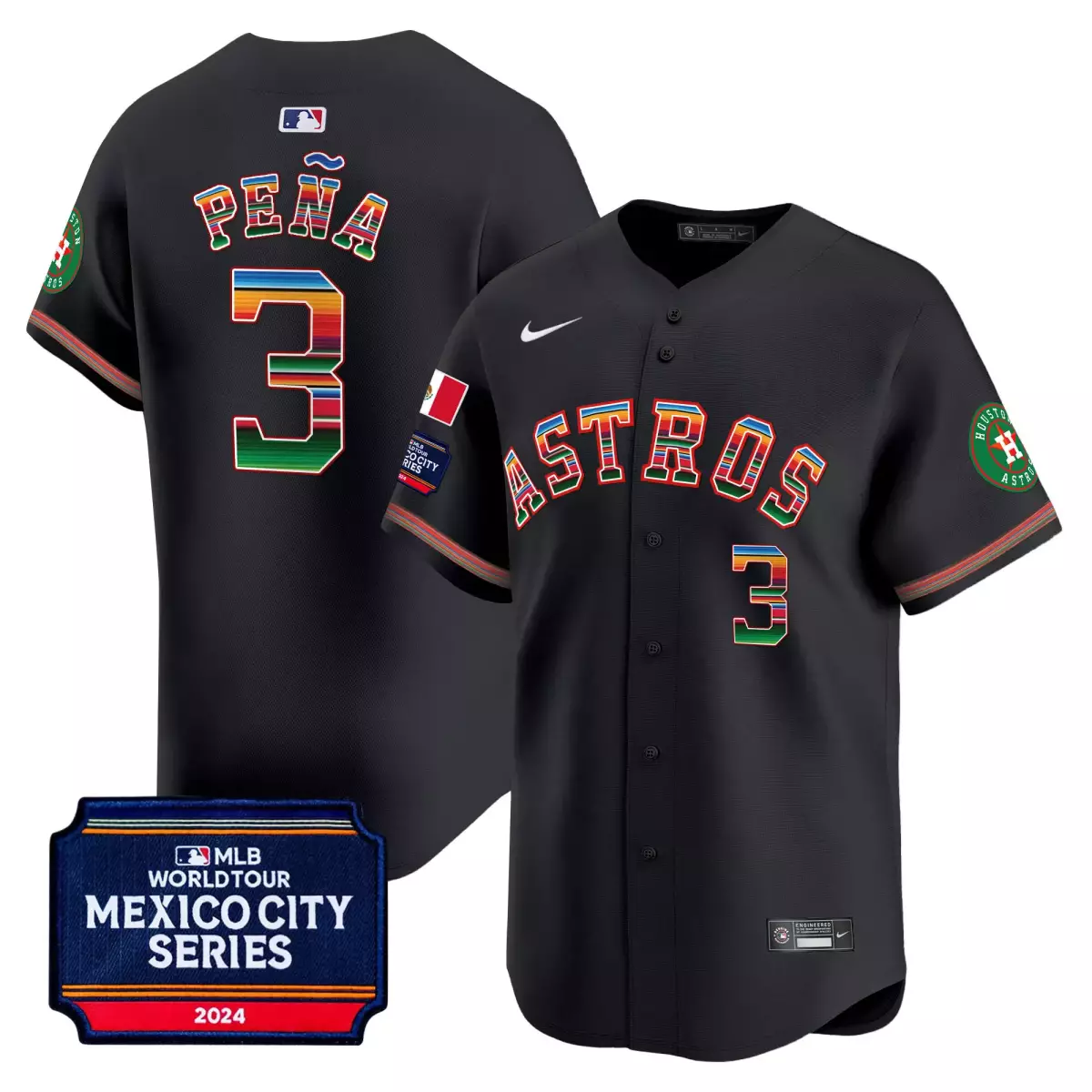 Pena Mexico 3 Astros Jersey Black City Series 2024 Mexican Flag Men Player Red Green