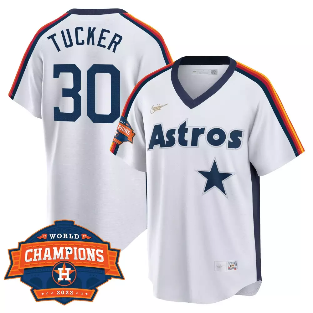 Kyle Tucker 30 Astros Jersey White World Champions 2022 Men Navy Orange Yellow Red