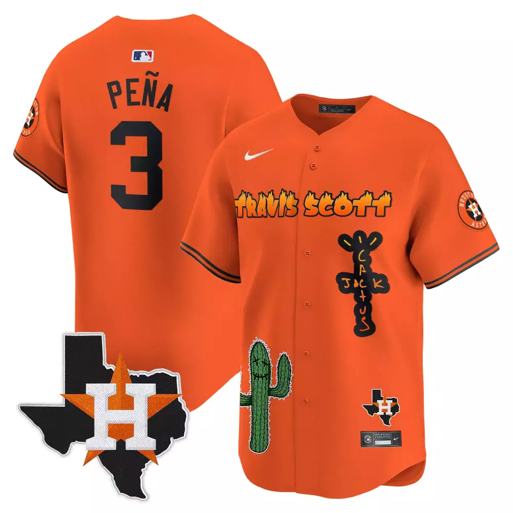 Peña 3 Houston Astros Jersey Orange Cactus Jack Star Men Black White Stitched