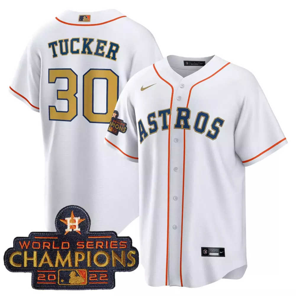 Kyle Tucker 30 Astros Jersey White 2022 World Series Champions Men Orange Navy Gold