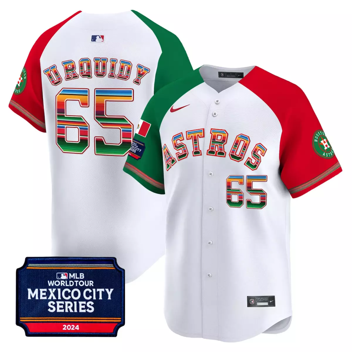 Urquidy Mexico 65 Astros Jersey White City Series 2024 Men MLB Split Design Red Green