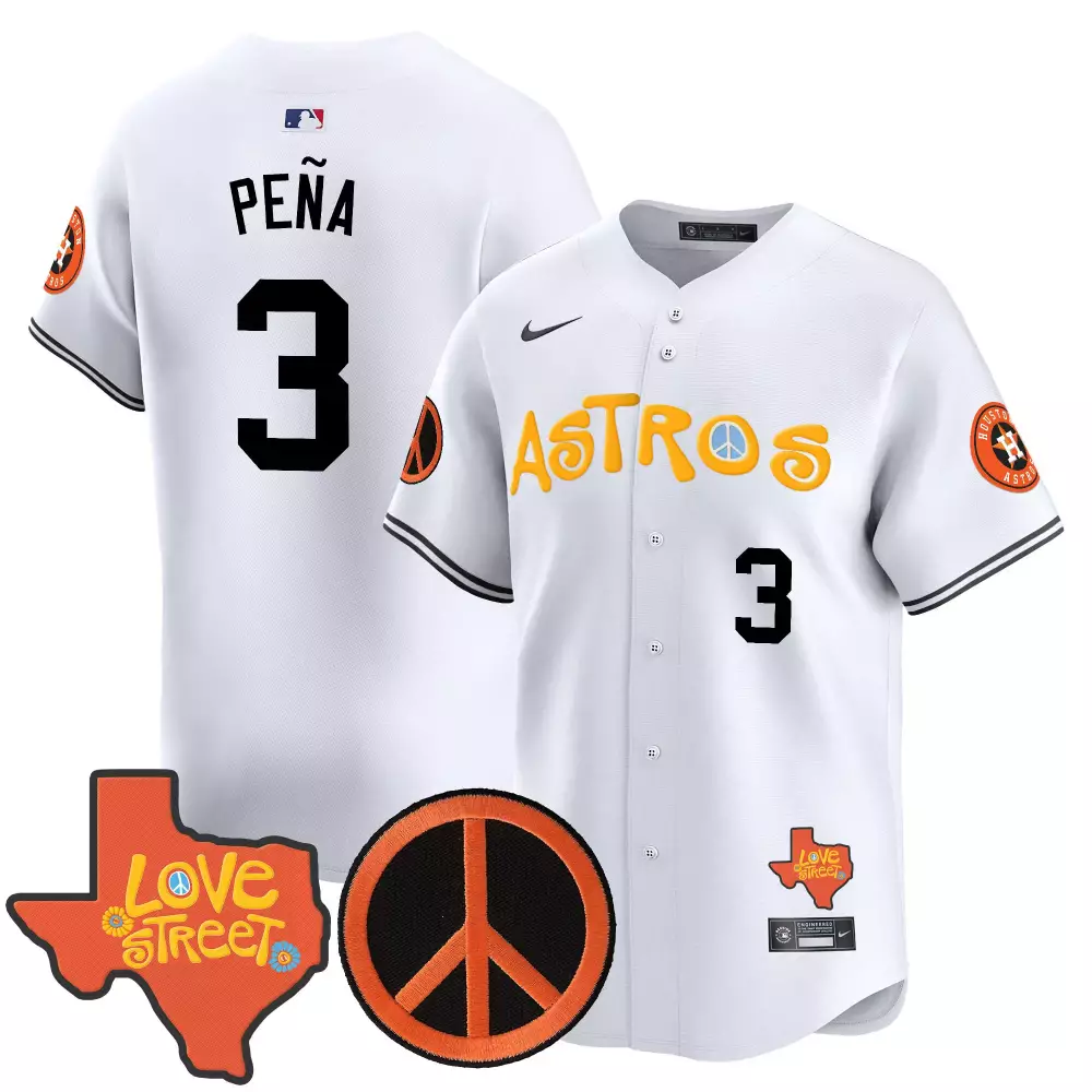 Pea Love 3 Astros Jersey White Street Texas Peace Sign Men Orange Yellow All Stitched