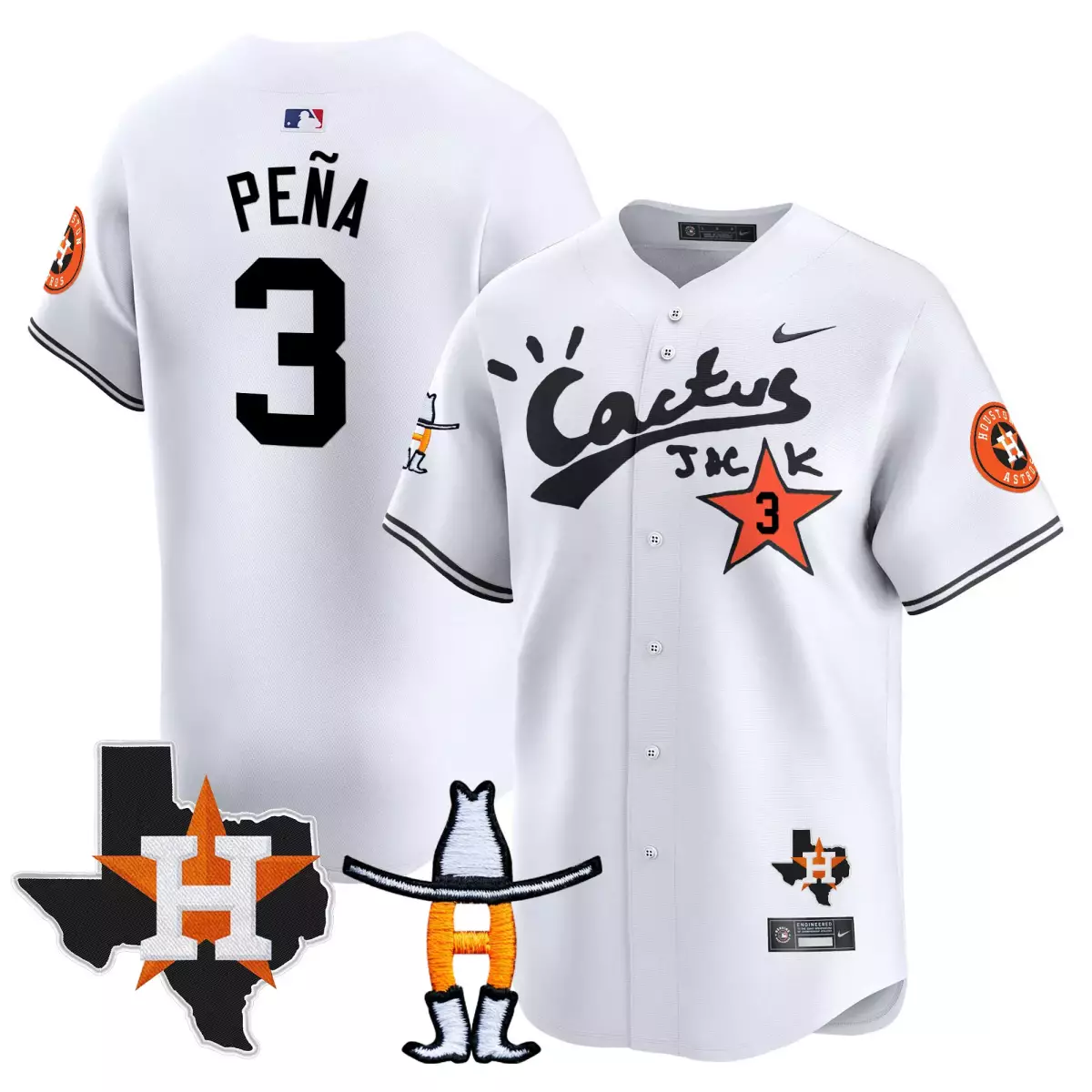 Jeremy Pena 3 Houston Astros Jersey White Cactus Jack Texas Outline Men Orange Black