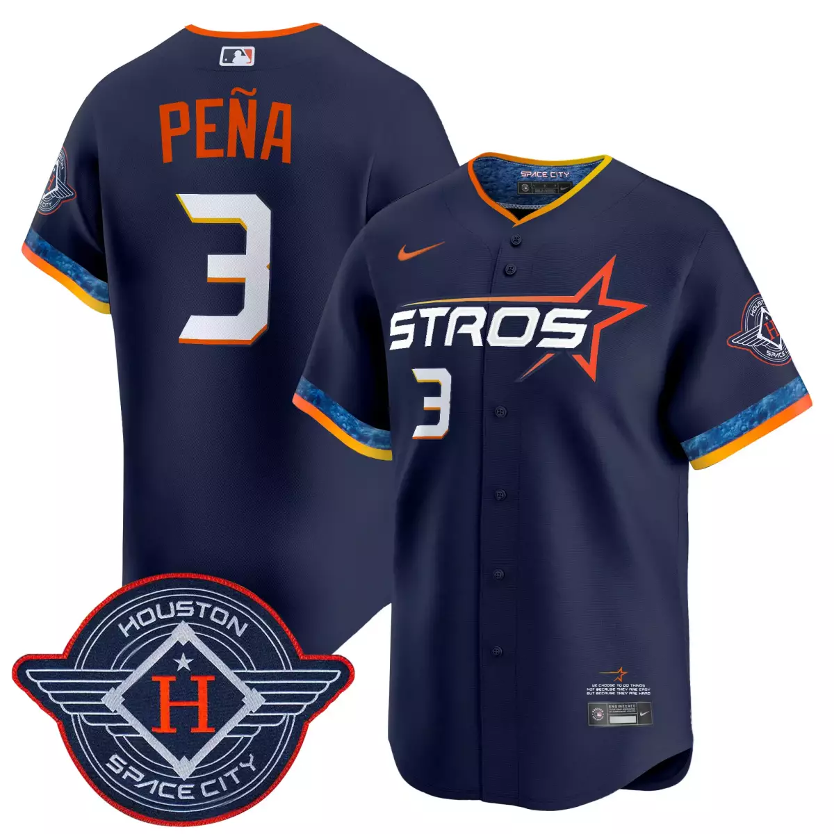 Jeremy Pena 3 Astros Jersey Navy Space City Houston 2024 Men Replica Orange White