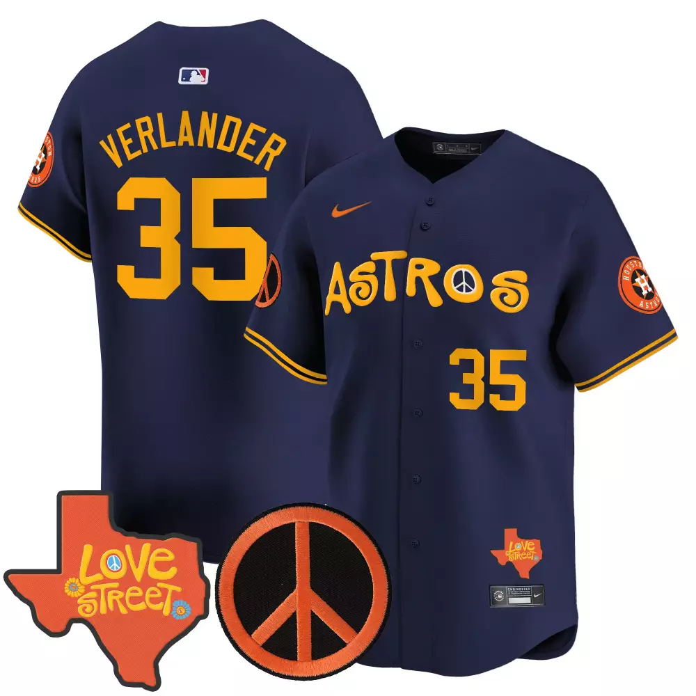 Justin Verlander 35 Astros Jersey Navy Love Street Peace Sign Texas Men Orange Yellow