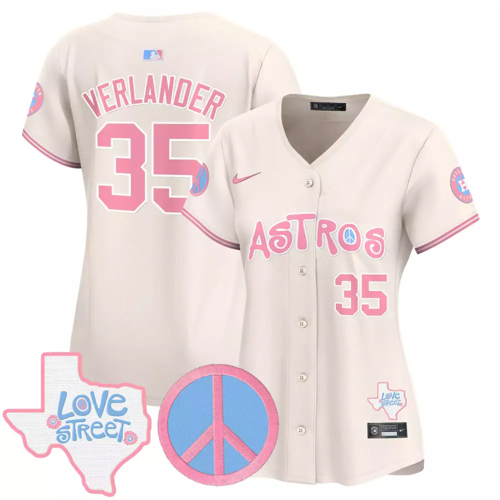 Verlander Love 35 Astros Jersey Cream Street Texas Peace Symbol Men Pink Light Blue