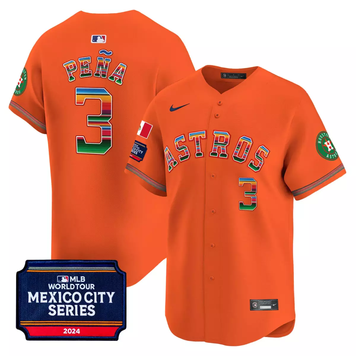 Pena Mexico 3 Astros Jersey Orange City Series 2024 Men Green Red Blue Yellow Vapor