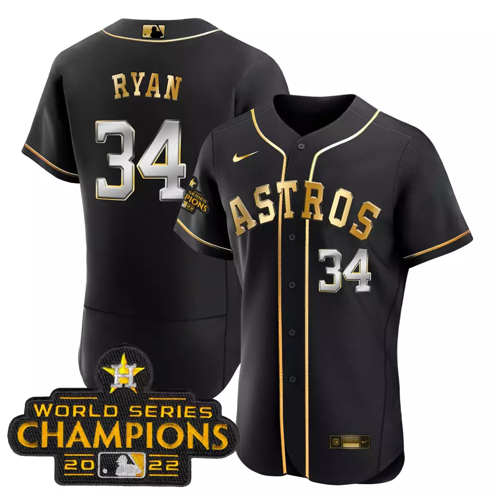 Nolan Ryan 34 Astros Jersey Black World Series Champions 2022 Men Gold White Stitched
