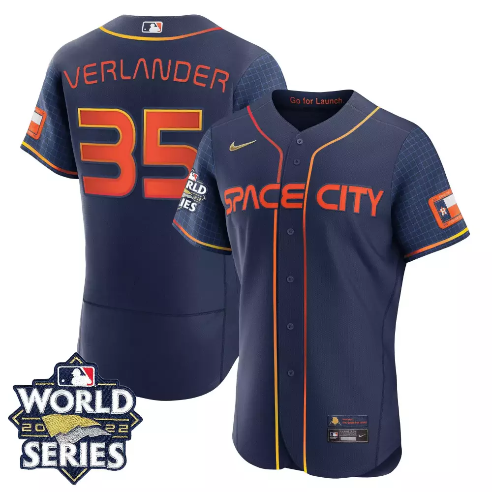 Verlander Space 35 Houston Astros Jersey Navy Blue City World Series 2022 Men Orange
